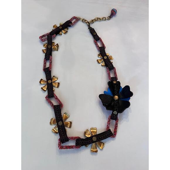 Mary Frances Belt Necklace Boho Beaded Flowers Adjustable Link Vintage 90s - Picture 2 of 8